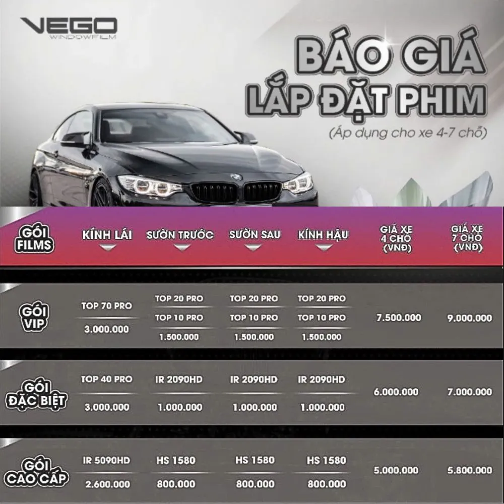 Bảng giá phim cách nhiệt Vego Malaysia cho xe 4-5 chỗ